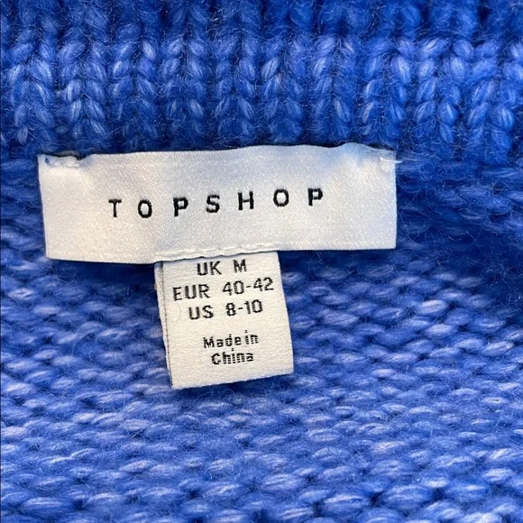 TOPSHOP KNITTED WIDE RIBBED COLLAR V-NECK DROP SHOULDERS CROP SWEATER BLUE SZ M - Picture 6 of 7